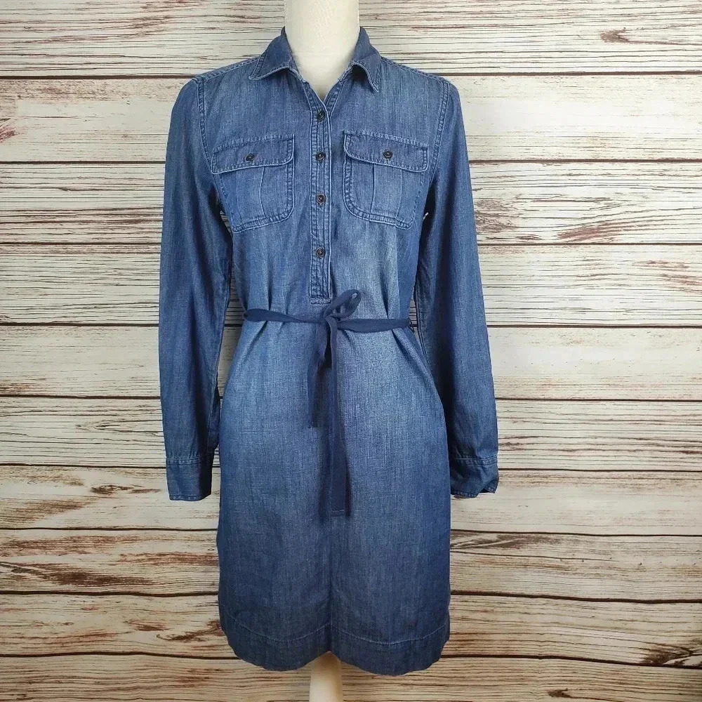 Tommy Hilfiger Womens Small Blue Denim Long Roll Tab Sleeve Shirt Dress #34